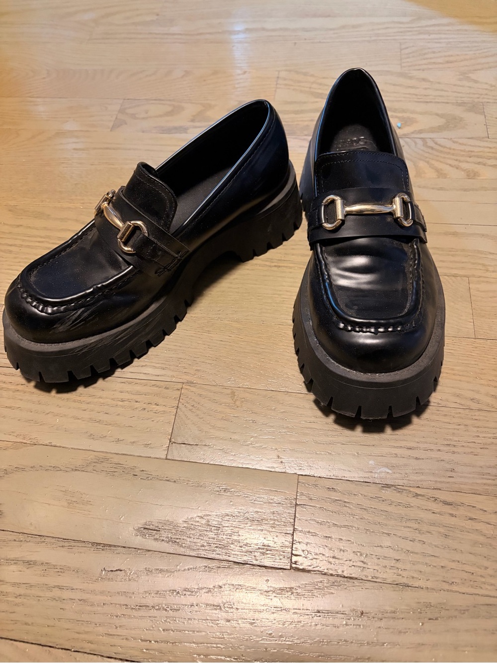 Women’s Black Leather Lug-Sole Loafers